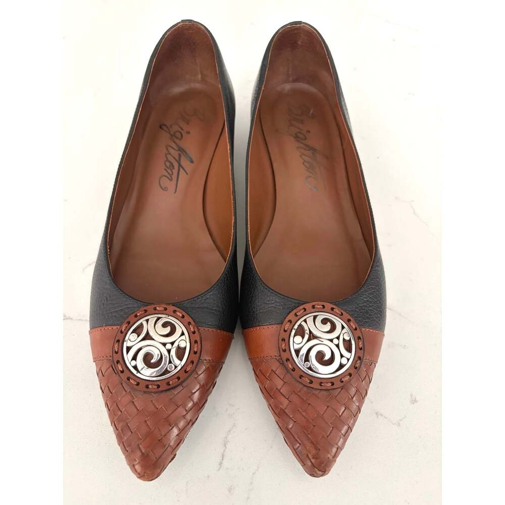 Vtg Brighton pointed toe ballerina flats sz 9 two-tone ebony brown leather woven